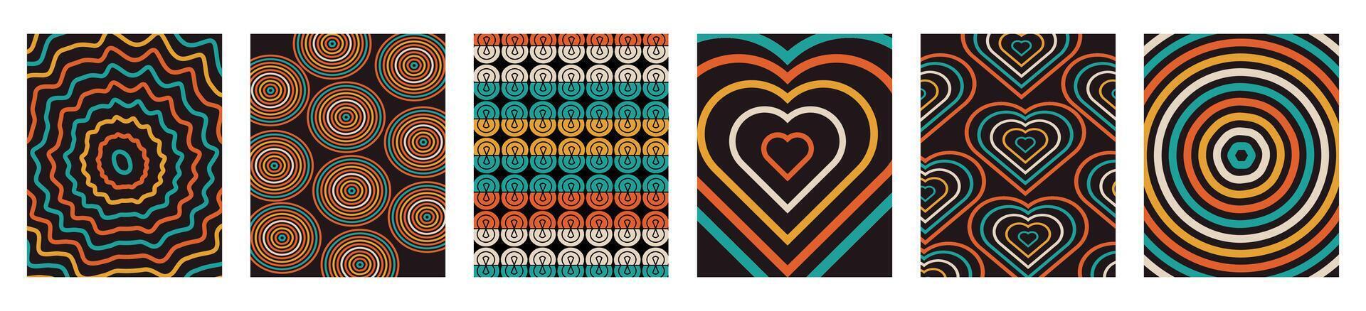 Set and collection trendy twirl backgrounds. Hippie and y2k. Groovy swirl and retro psychedelic aesthetic pattern. Doodle funky twisted geometric lines. Waves, shapes. Spiral elements. vector