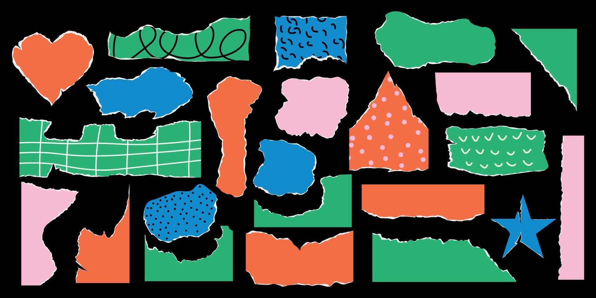 Set of notes, crumpled torn paper. Jagged edges. Collage. Frame and textbox. Concept scraps on black background, newspaper fragments and tape. Trendy design elements. Template. Old notes. Scribbles vector