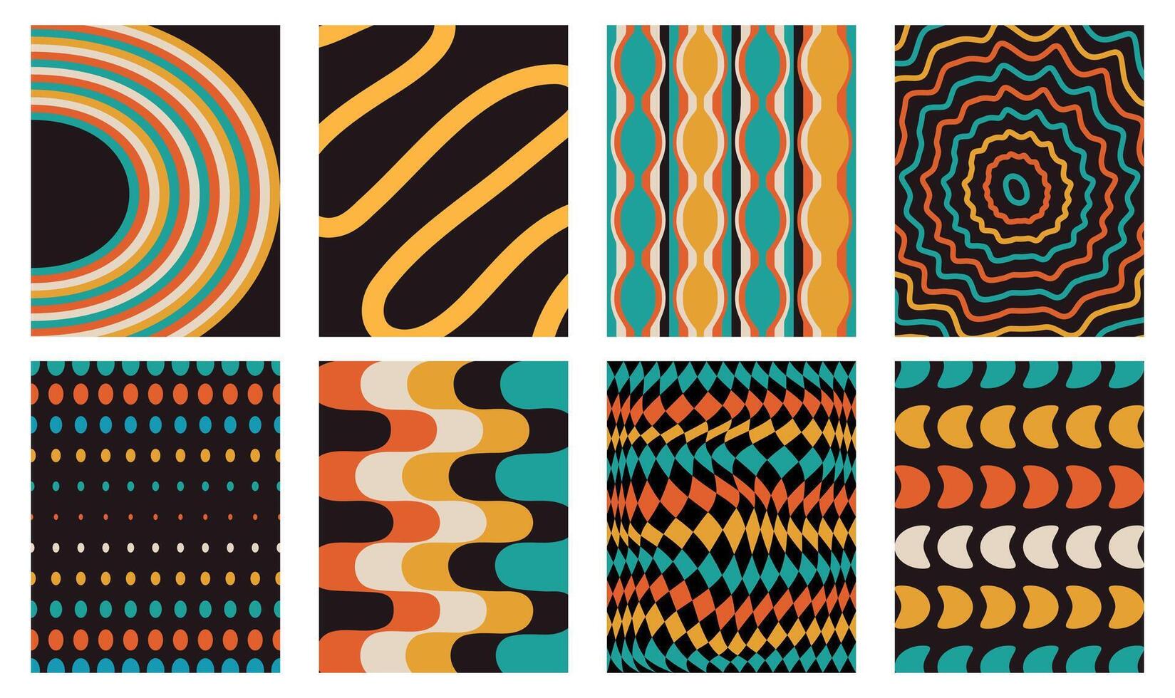 Set trendy twirl backgrounds. Simple collection hippie funky design. Y2k style. Groovy swirl. Retro psychedelic aesthetic pattern. Doodle geometric lines. Waves. Spiral elements. Shape. Liquid vector