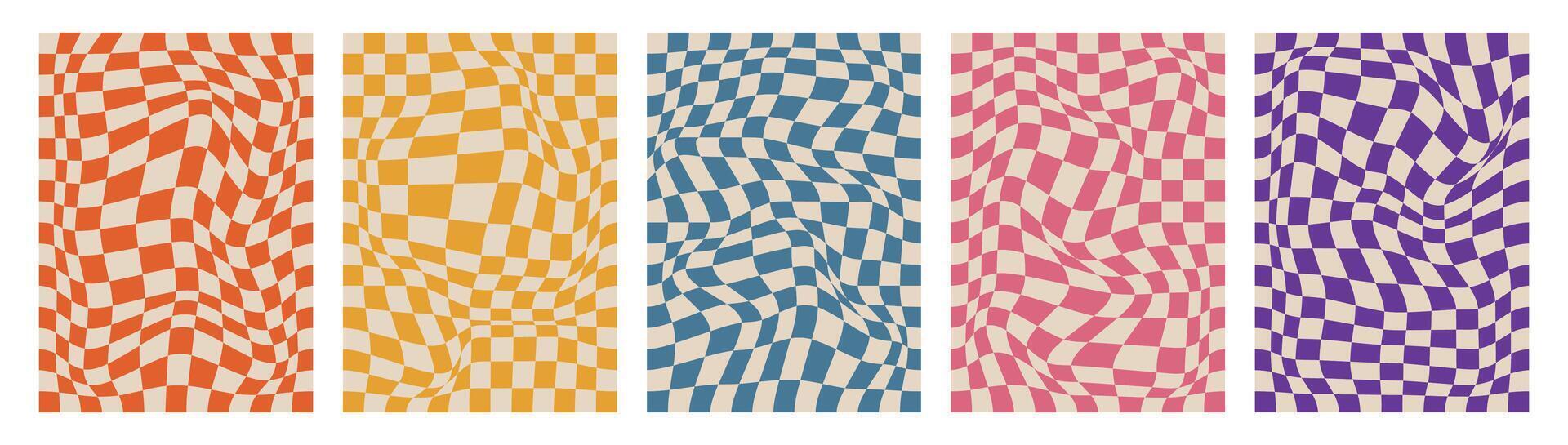 Set and collection trendy twirl backgrounds. Hippie and y2k. Groovy swirl and retro psychedelic aesthetic pattern. Doodle geometric lines. Distorted. Waves. Spiral elements. Shape dots. Chess vector