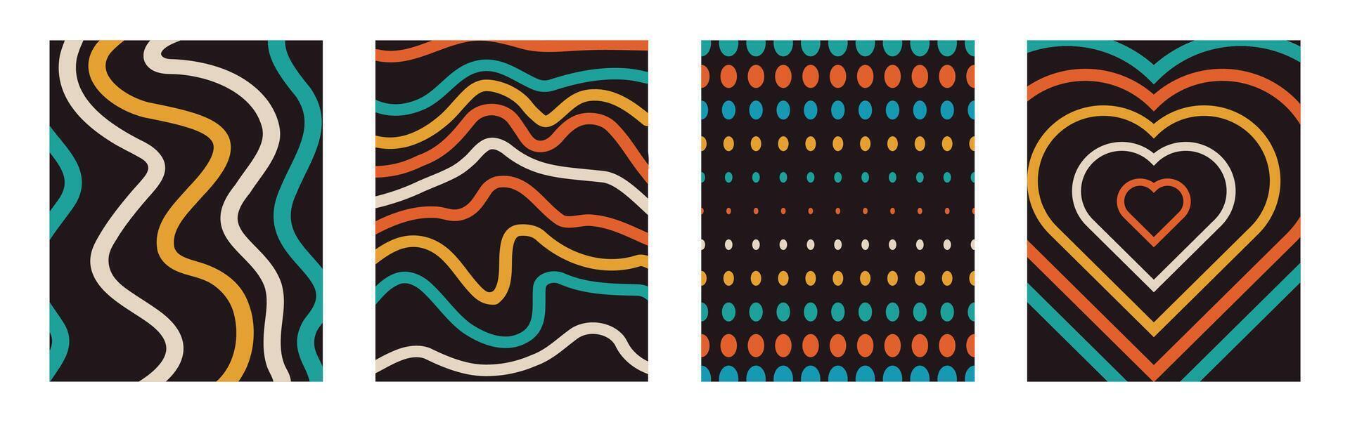 Set and collection trendy twirl backgrounds. Hippie and y2k style. Groovy swirl. Retro psychedelic aesthetic pattern. Doodle funky geometric lines. Distorted. Waves. Spiral elements. Shape dots. vector