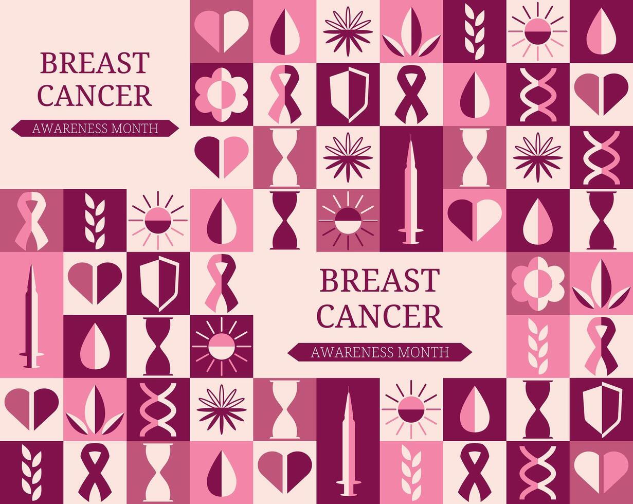 Breast Cancer Awareness Month. Symbol pink ribbon. Tumor. Collage of Squares, lines. Retro aesthetic collection. October. Women's health. Set of banner, poster. Geometric shapes in y2k style. vector