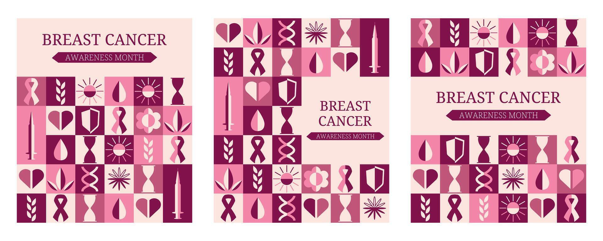 Breast Cancer Awareness Month. Symbol pink ribbon. Tumor. Flat. October. Women's health. Set of banner, poster. Geometric shapes in minimalistic style. Y2k elements. Collage of Squares, lines, circles vector
