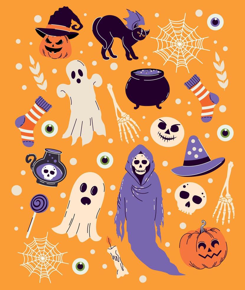 Set of sinister elements. Halloween. Pattern. Hand drawn. Trendy doodle style. . Horror. Stickers and icons. Jack o lantern. Candle, bones, eye, spider web, candy, leaf, scull. Ghost. vector