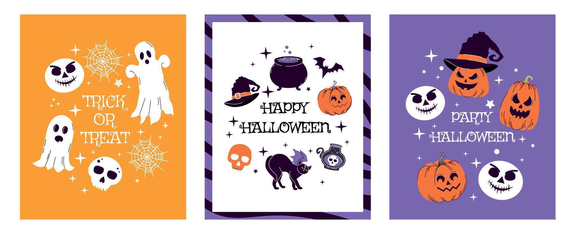 Set of sinister Halloween posters. Elements. Hand drawn. Trendy doodle style. Stickers and icons. Jack o lantern. Candle, bones, eye, spider web, candy, leaf, scull. Ghost. Autumn. October vector