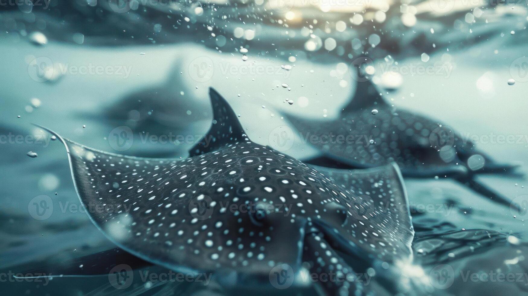 depicts a lively underwater scene with dolphins, stingrays and sea cucumbers. photo