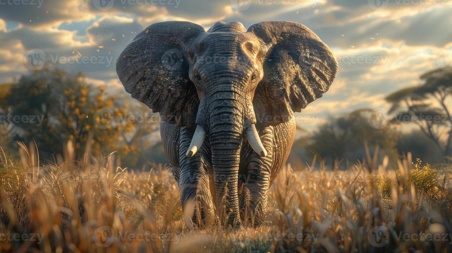 A majestic African elephant walking through a savannah field with tall grass, photo