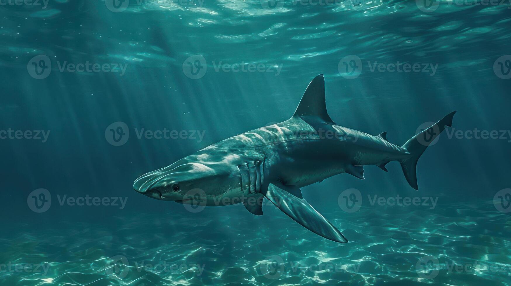 A large great white shark swimming close to the ocean floor. photo