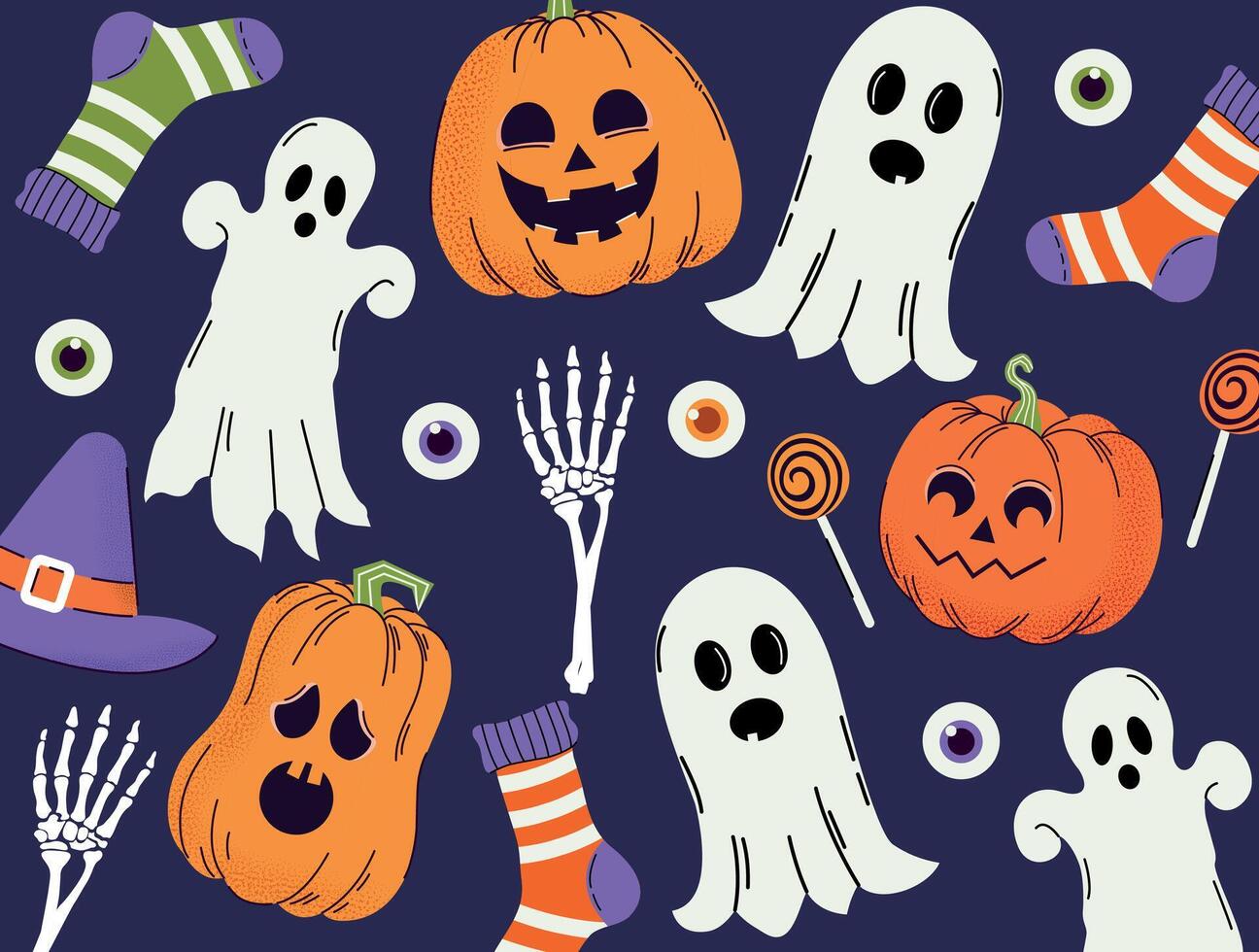 Set of sinister pumpkins. Grain effect. Halloween. Pattern. Hand drawn. Trendy doodle style. . Horror. Ghost. Autumn. October 31. Saints' Day. Stickers. Icons. Jack o lantern. Flat style vector