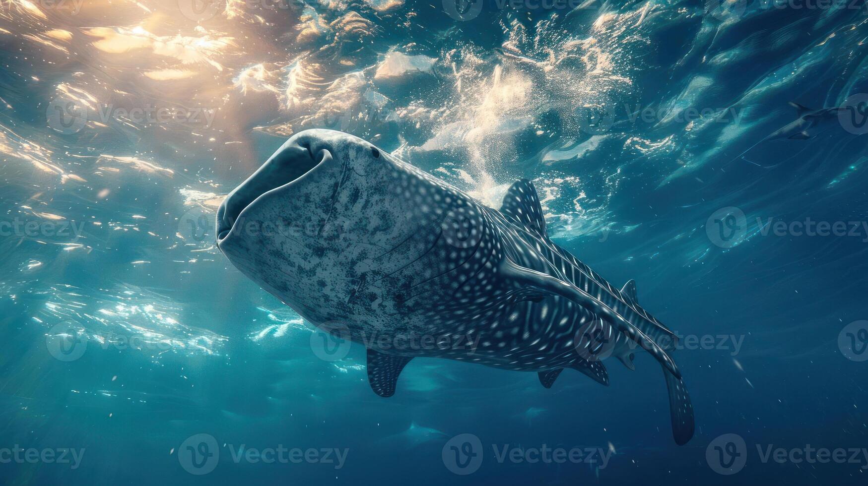 Large whale shark gliding through the ocean depths, with the sun glowing from above. photo