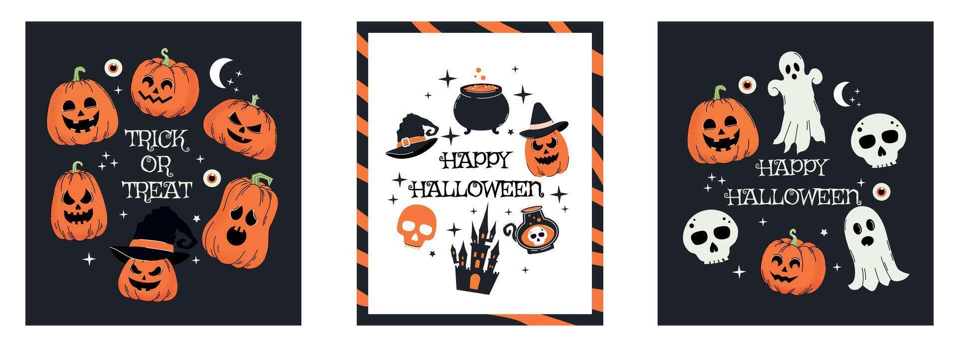 Halloween set of background. Horror elements. Collection of Hand drawn shapes. Trendy doodle. Ghost. Autumn. October 31. Saints' Day. Stickers and icons. Jack o lantern. Poster and banner. pumpkin vector