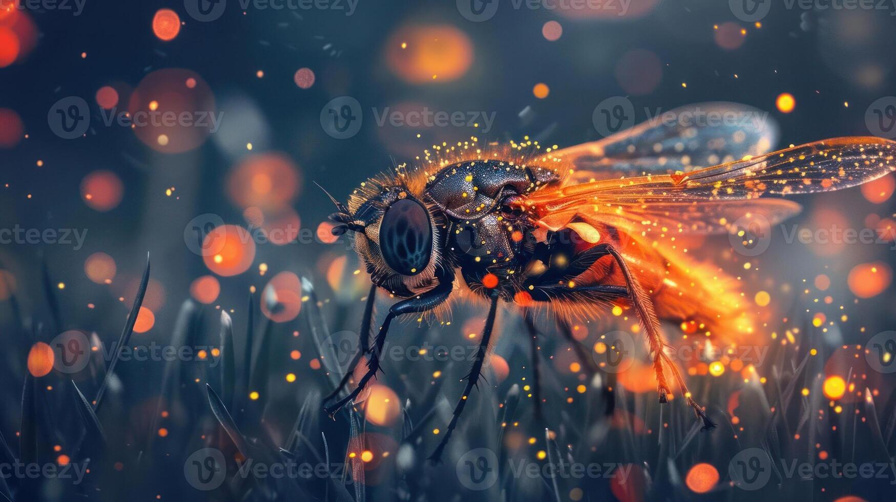 A night scene featuring a firefly and a butterfly in flight. photo