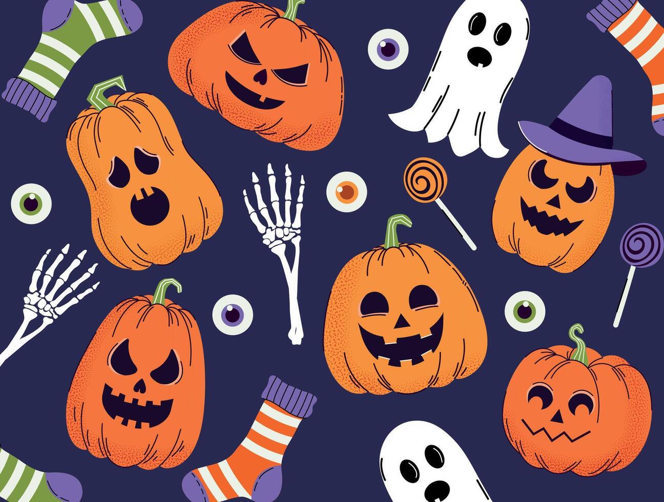 Set of sinister pumpkins with grain effect. Halloween. Pattern. Hand drawn. Trendy doodle style. . Horror. Ghost. Autumn. October 31. Saints' Day. Stickers and icons. Jack o lantern. vector