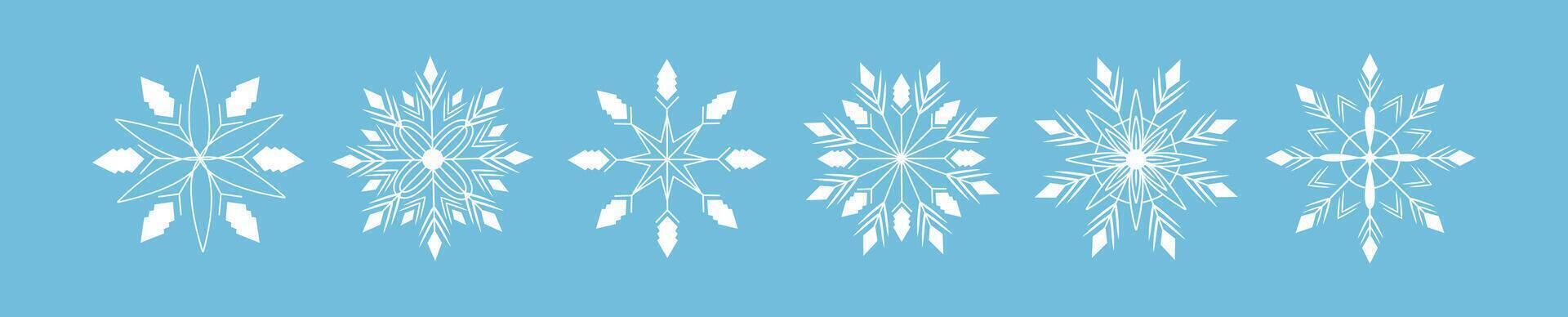 Set of snowflakes in line art style. Line. Xmas. Sparks and glows. Shapes and elements. Ornament and pattern. Template. Isolated. Glitter. Clip art winter. New Year. Holiday. Stroke. Retro 90s design vector