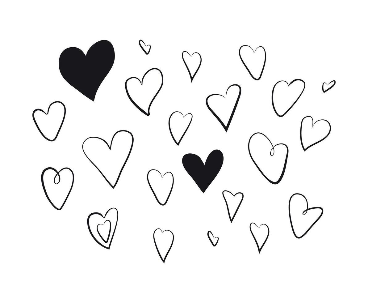 Set of hearts in doodle style. Isolated. Hand drawn. Elements and figures for decoration and design. Holiday, wedding, birthday. Icons. February 14. Collection. Silhouette. Flat style. vector