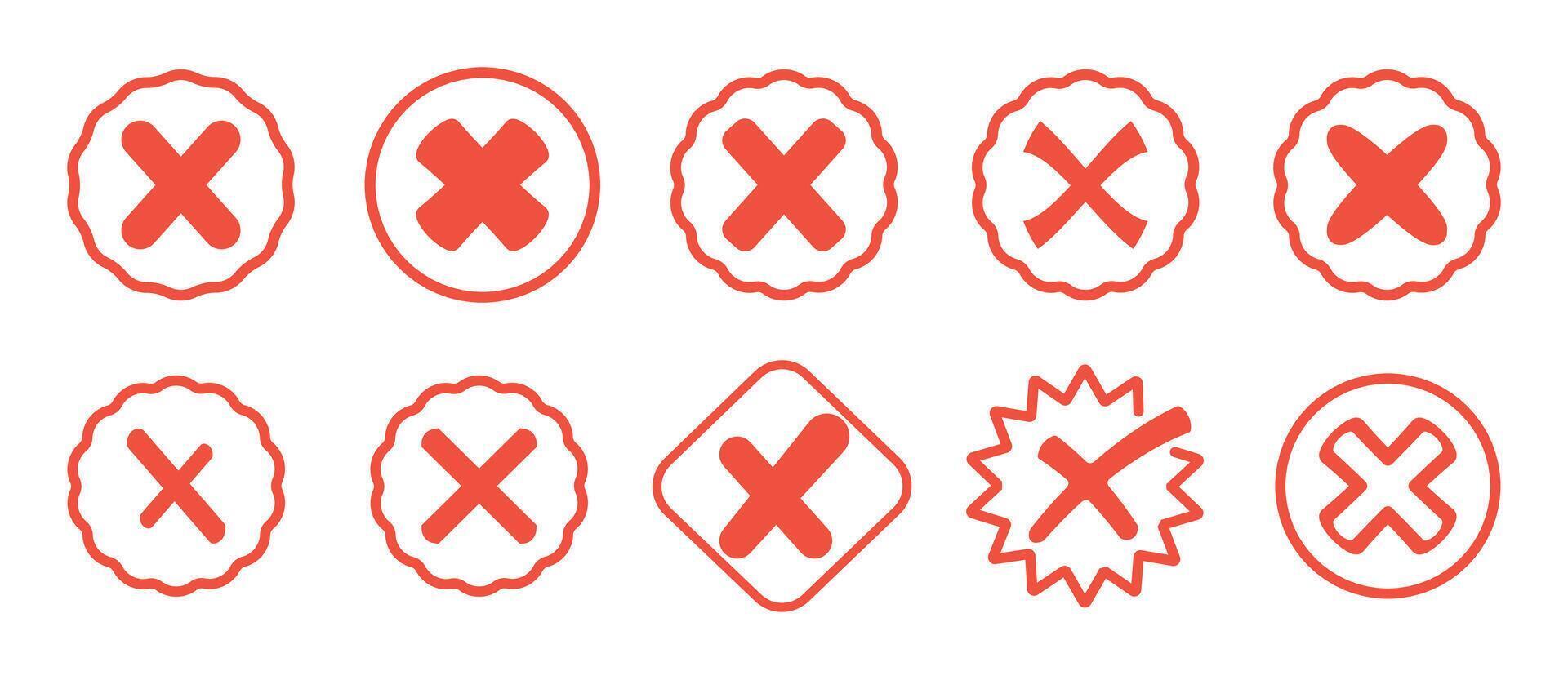 Set different red cross. Wrong. Collection trendy icons. Symbol sign. Hand drawn. Doodle. . Textbox and checkbox. Frame vote. Button. No. Mark . Flat line style. False and reject. Incorrect vector