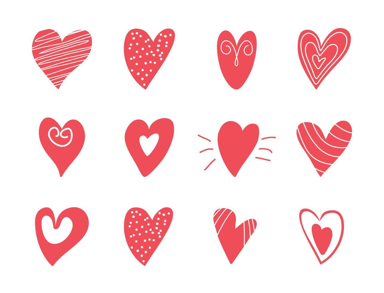 Set of hearts in scribble style. Doodle. Isolated. Hand drawn. Elements for scrap booking decoration design. Holiday, wedding, birthday. Icons. Collection. Silhouette. Flat style. Ink. Shapes vector