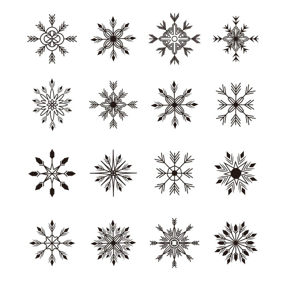 Set and collection trendy modern snowflakes in line art style. Twinkle shapes and elements. Glitter. New Year. Holiday. Stroke. Flat style. Xmas. y2k. Line. Sparks and glows. Ornament. vector