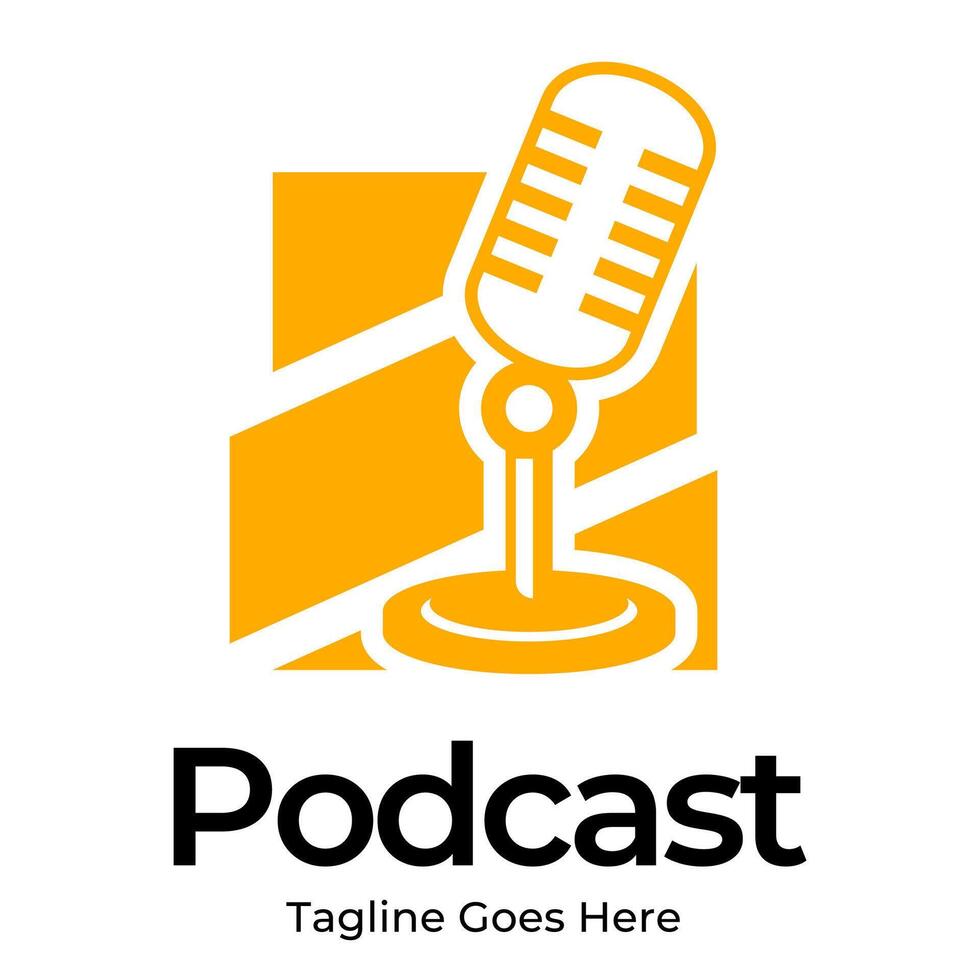 A microphone and a yellow logo for podcast vector
