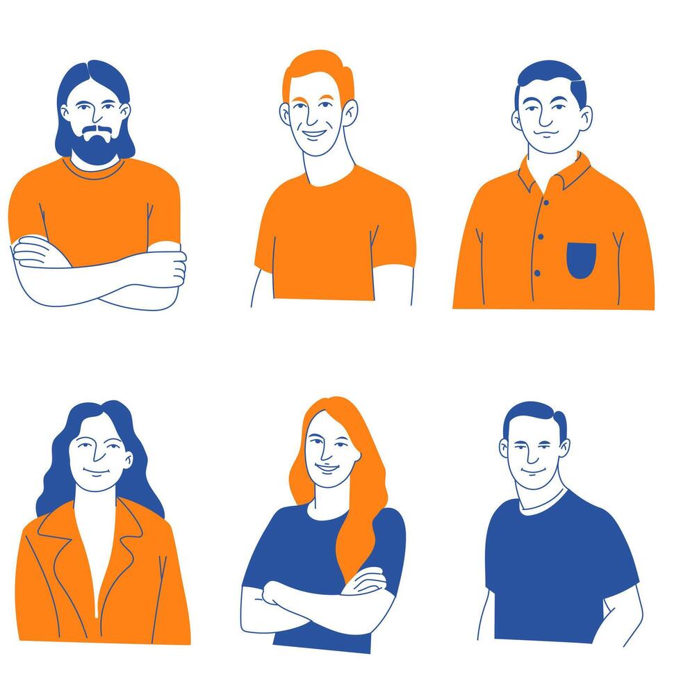 Set of diverse people avatar profile portraits in flat doodle style . Male and female person user headshot collection vector
