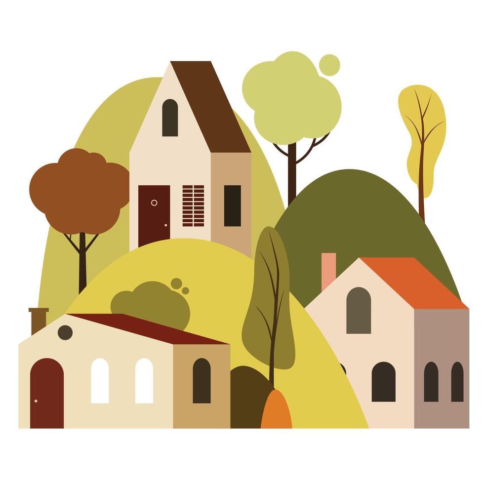 Neighborhood with cozy tiny houses - cartoon flat illustration. Green hills, various trees, greenery, cute tiny houses. Houses illustration for rent, architecture and post cards design vector