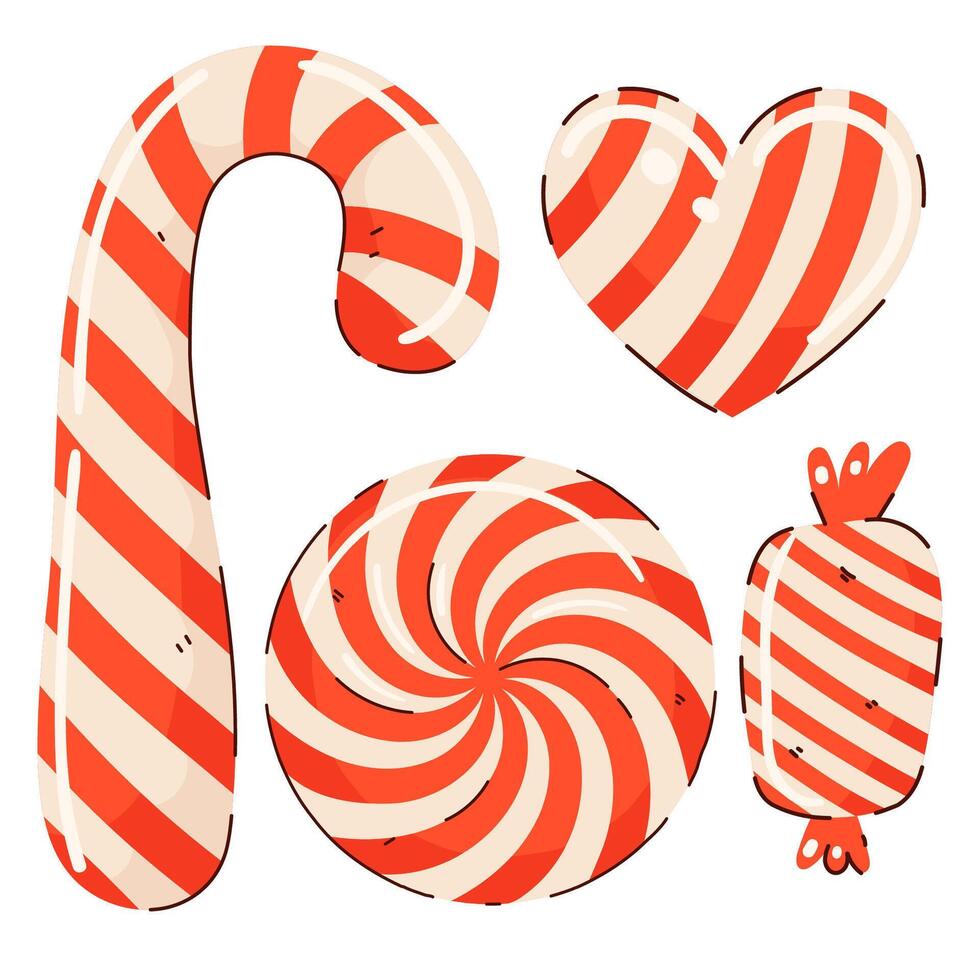 Christmas candy cane and Sweets. Santa candy cane in red and white stripes. Hand drawn cartoon elements. vector