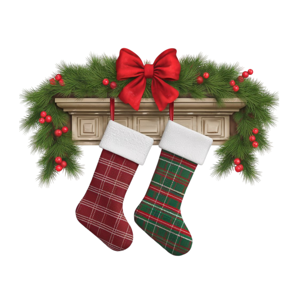 Classic Christmas stockings hung on fireplace with festive garland png