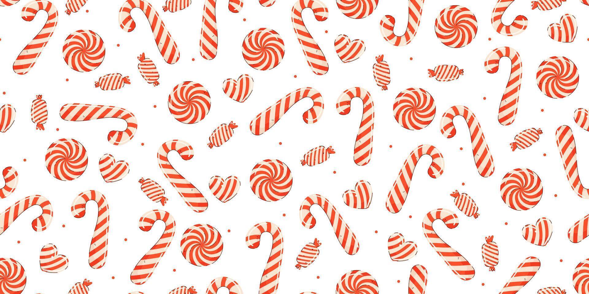 Seamless pattern with Christmas candy cane. Traditional Santa cane with hearts and candies. Stripped elements isolated on white background vector