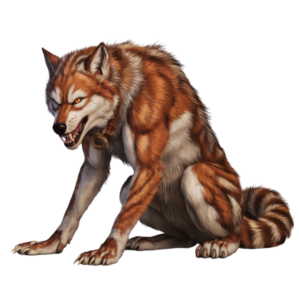 Ferocious werewolf crouching in a threatening stance at night png