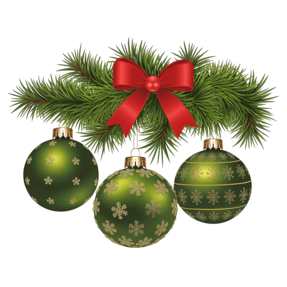 Green Christmas baubles with red bow and pine branch for holiday decor png