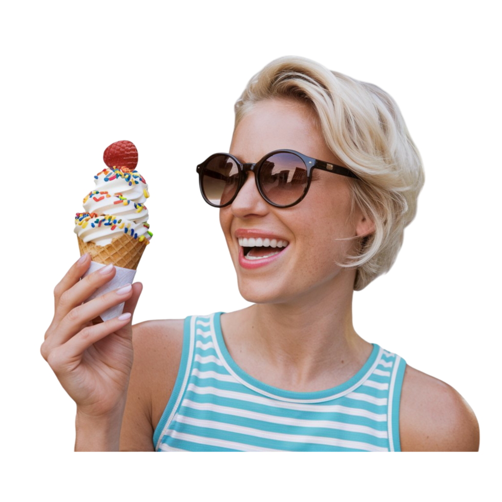 Happy Woman Enjoying Ice Cream Cone png