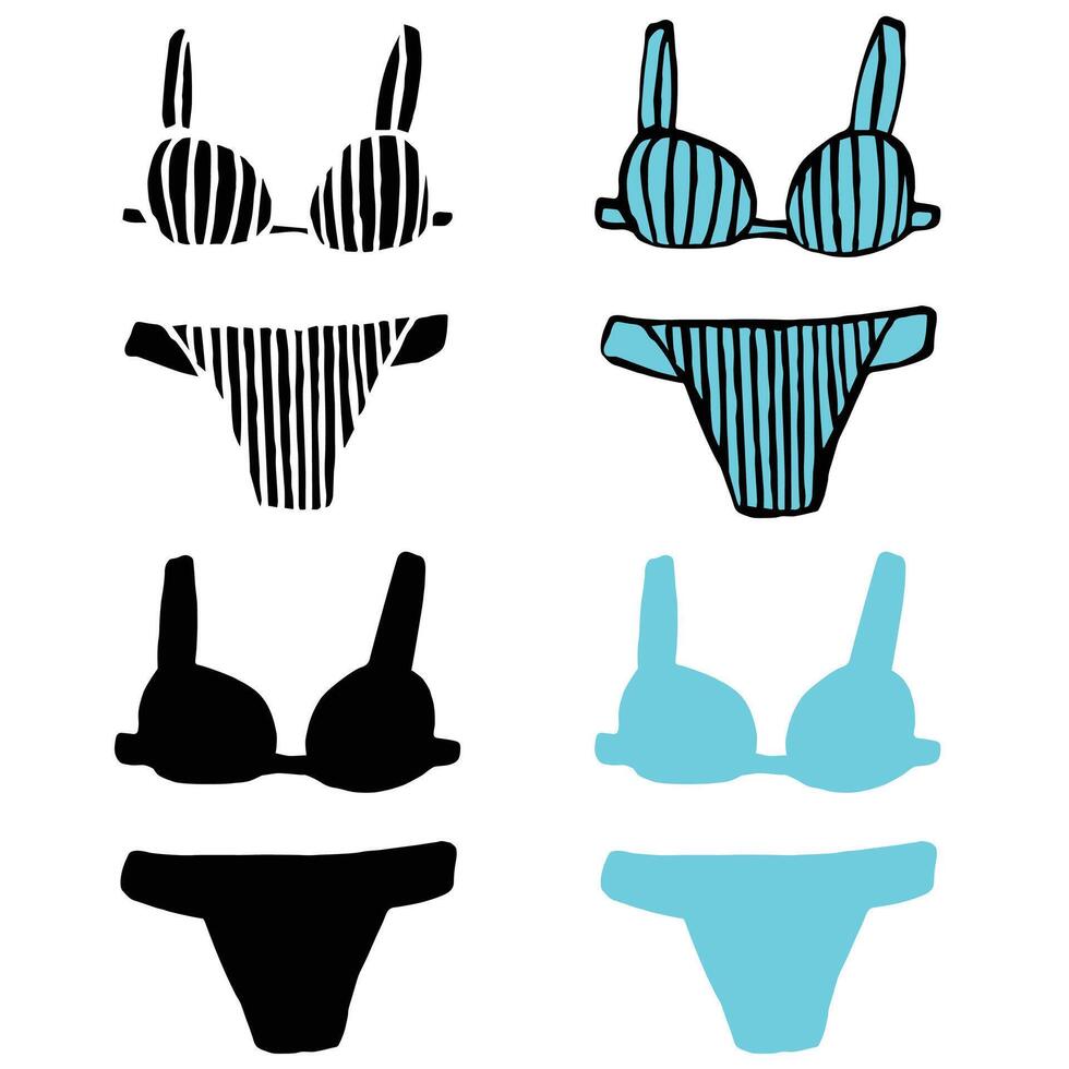 Woman bodysuit. Fashion illustration, hand-drawn doodles. Two-piece bikini, lined print. Black and cyan. vector