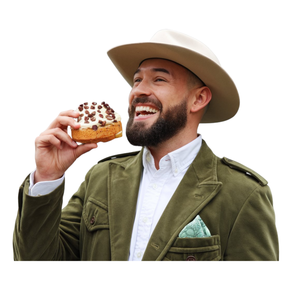 Happy Man Enjoying a Doughnut in a Stylish Outfit png