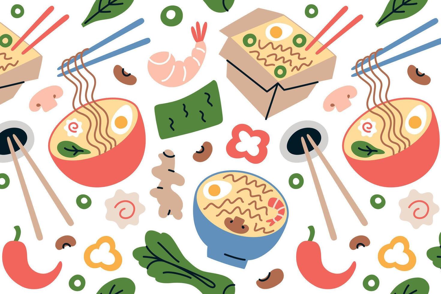 Ramen bowls pattern with shrimp, tofu, ginger and noodle soup ingredients. Bok choy, nori, and vegetables print. illustration in flat cartoon style. Food design for culinary backgrounds vector