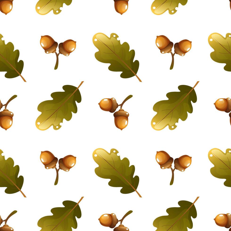 Seamless pattern with autumn oak leaves and acorns. Autumn leaves. Seamless pattern on a white background for autumn designs, fabrics, textiles, wrapping paper. vector