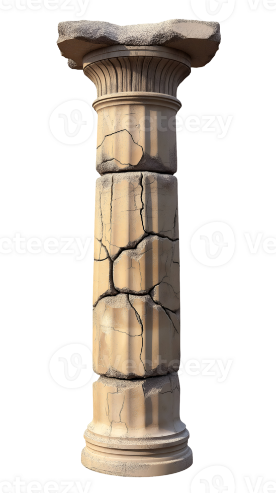 ancient greek doric column with fluted design and weathered cracks on isolated background png