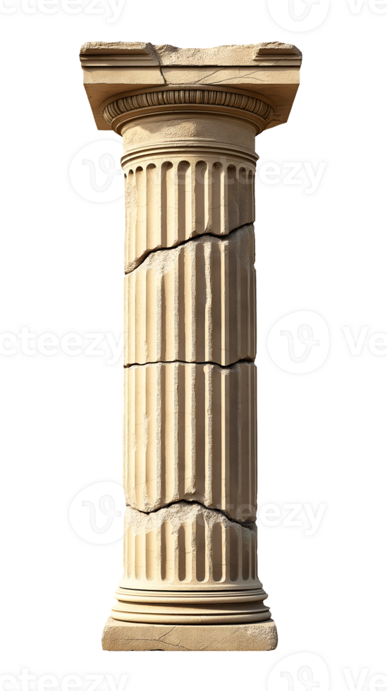 ancient greek doric column with fluted design and weathered cracks on isolated background png