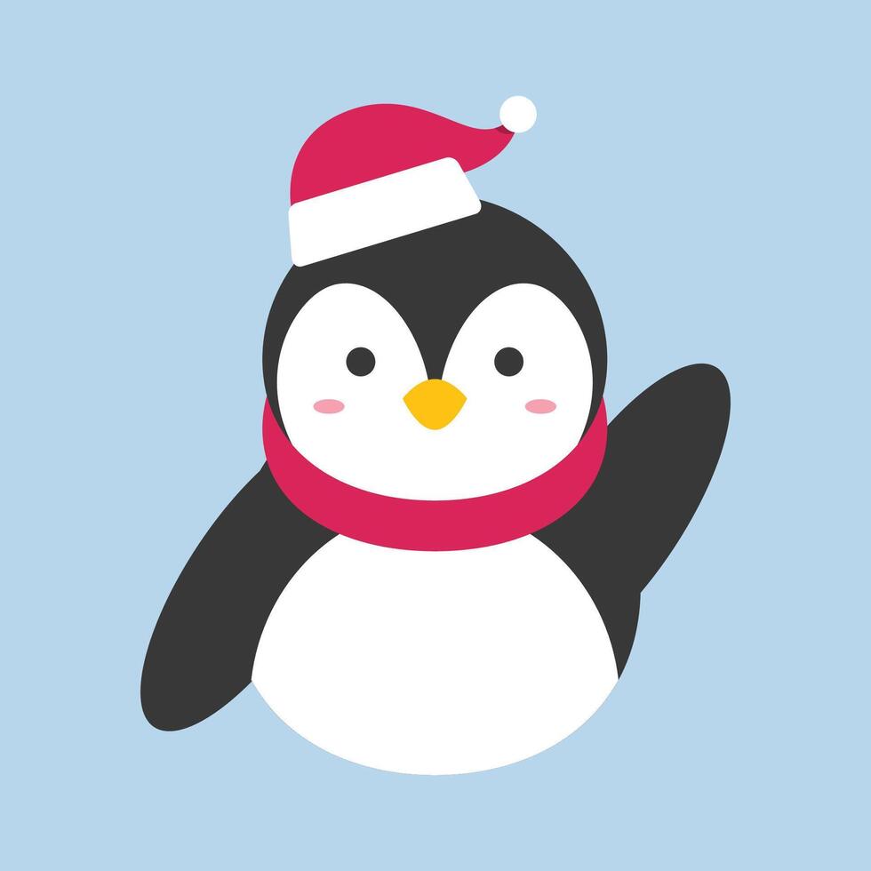 Penguin animal wearing Santa hat in flat design. vector