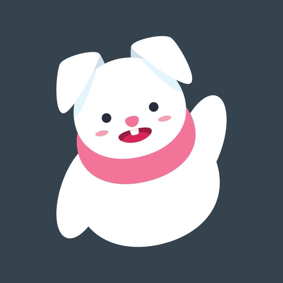Greeting gesture white rabbit wearing pink scarf in flat design. vector