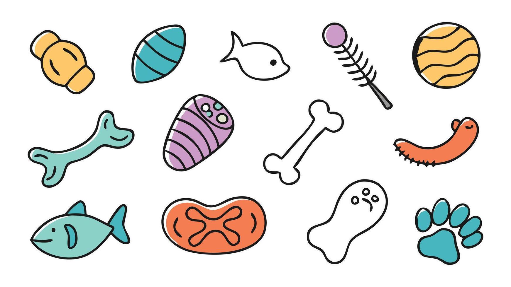 Fish bone, footprint, cat toy element hand drawn flat illustration white background.e vector
