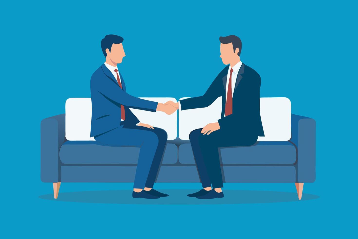 Two business people hand shaking sit on sofa isolated flat illustration. vector