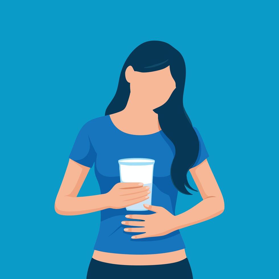 Young woman having Pain, suffering a stomachache, abdominal pain or digestive, hand in holding belly after drink glass of milk flat illustration. vector