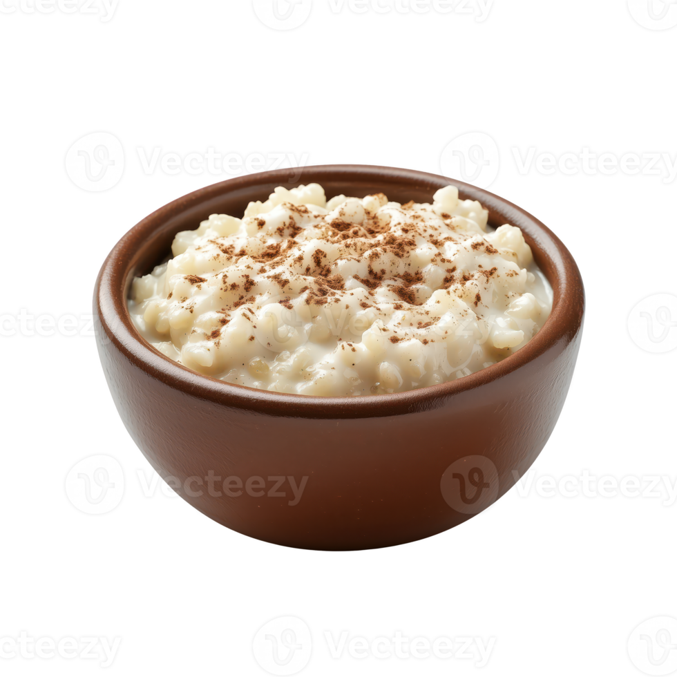Creamy rice pudding topped with chocolate sprinkles in a brown bowl, isolated on transparent background. png