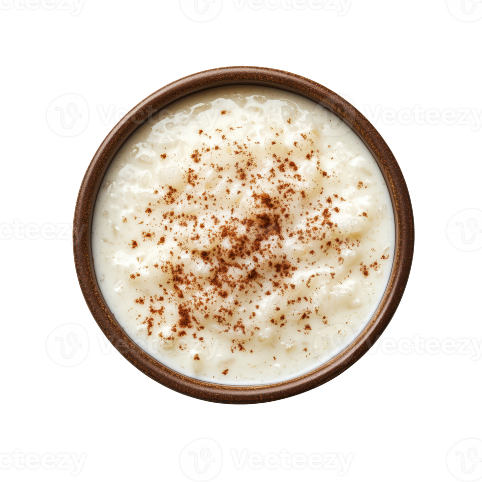 Creamy rice pudding sprinkled with cinnamon, in a decorative bowl. isolated on transparent background png