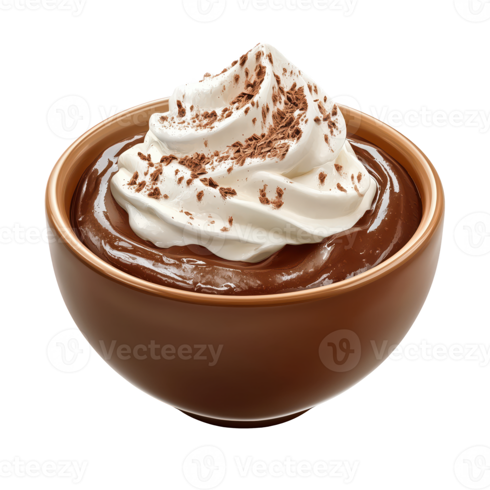 Delicious chocolate mousse topped with whipped cream and chocolate shavings in a brown bowl, isolated on transparent background. png