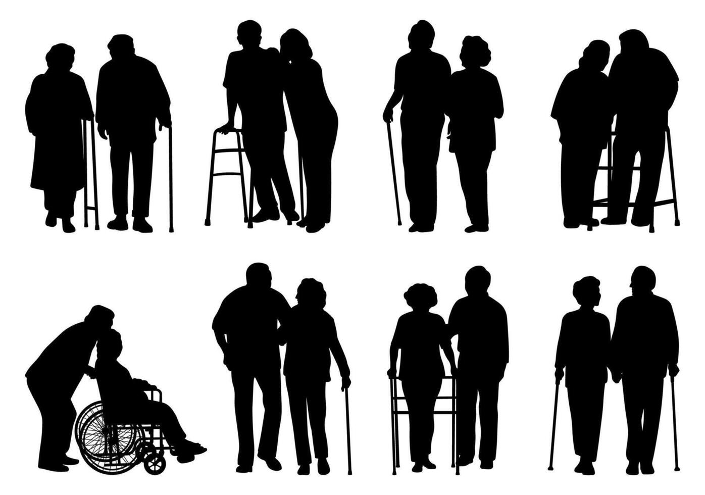 Old couple silhouettes illustration set vector