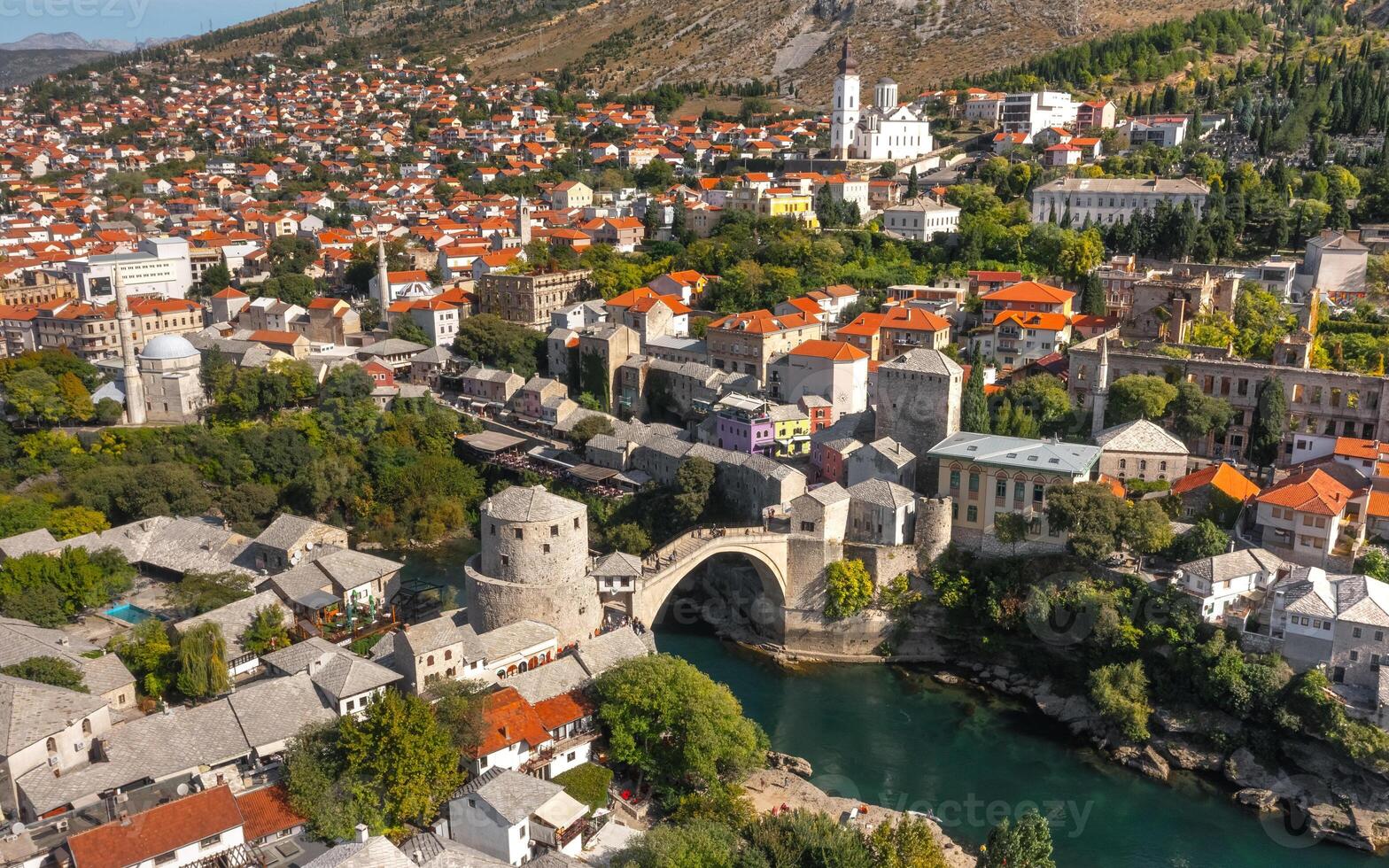 Aerial view of Mostar and its attractions photo