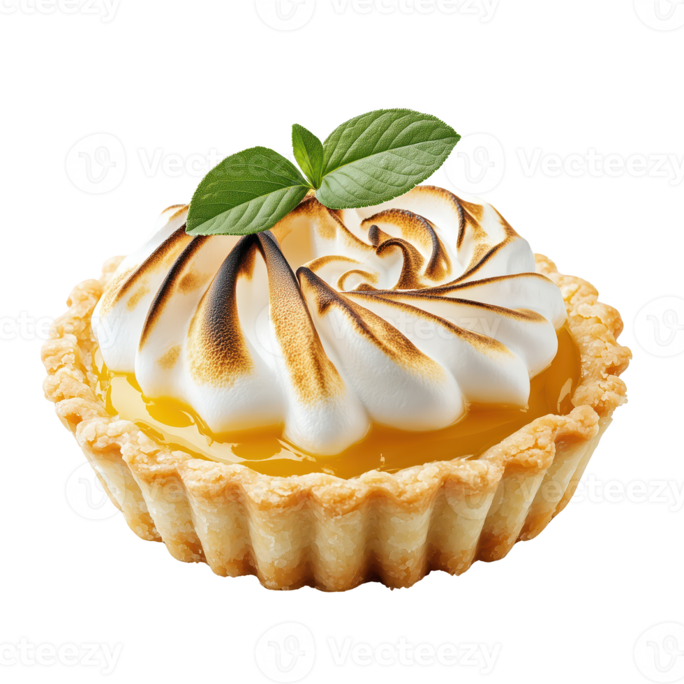 Delicious lemon meringue tart with golden, toasted meringue topping on a flaky crust, isolated on transparent background. png