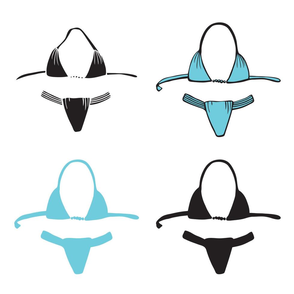 Fashionable bikini icon set. Fashion illustration, doodle hand-drawn sketch style. Two-piece woman swimsuit, top with beaded string, Brazilian bottom. vector