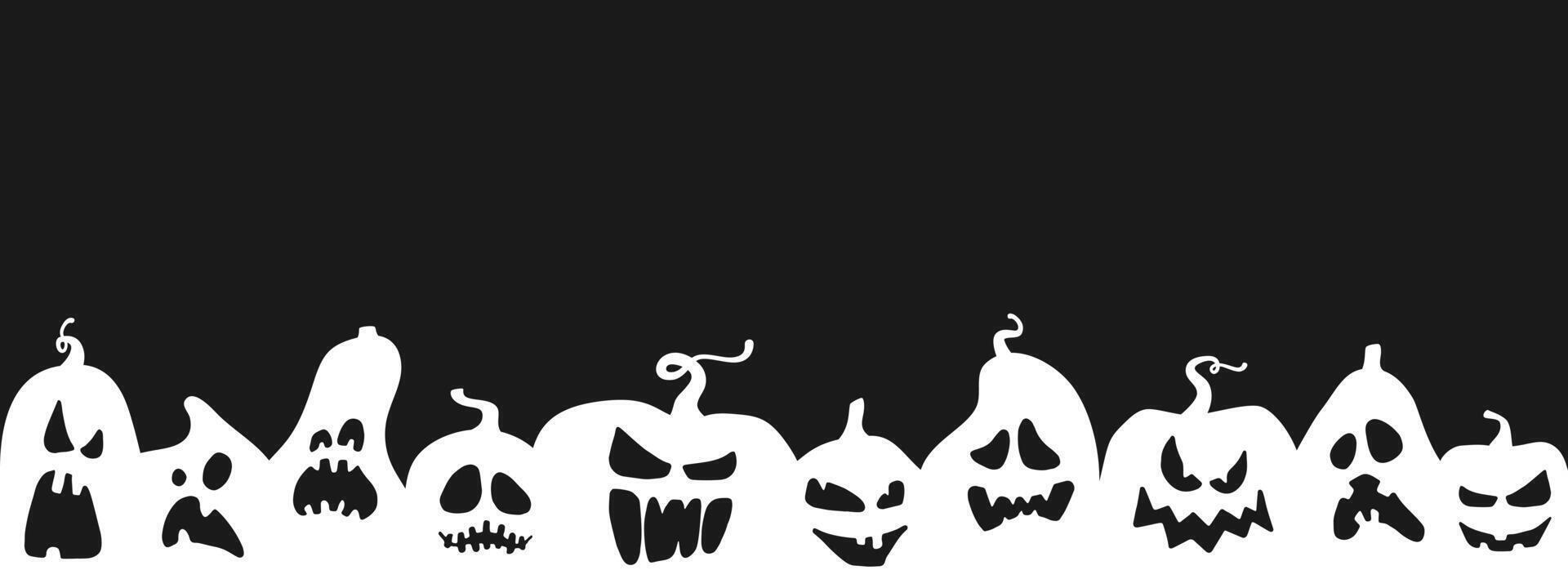 Seamless row of Halloween spooky pumpkin faces on black background. Simple illustration of jack-o-lanterns silhouettes. Banner template for fall festival poster, party flyer, holiday invitation vector